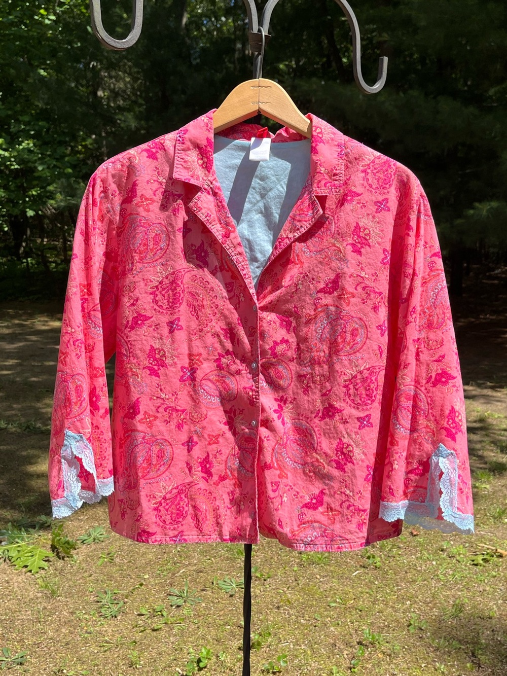 Y2K Josie Natori Pink Paisley Cotton Pajama Sleep Top Size M Boho Lace Trim